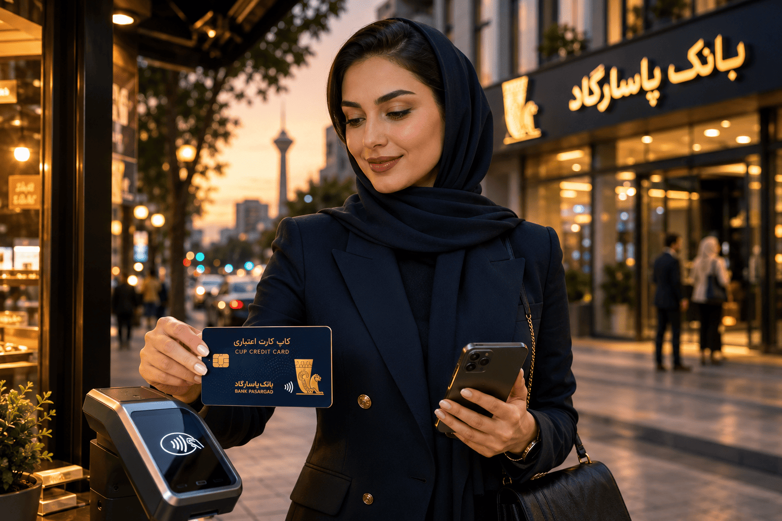 زن حرفهای در حال پرداخت با کاپ کارت اعتباری بانک پاسارگاد از طریق دستگاه پرداخت بدون تماس در خیابان مدرن تهران هنگام غروب.